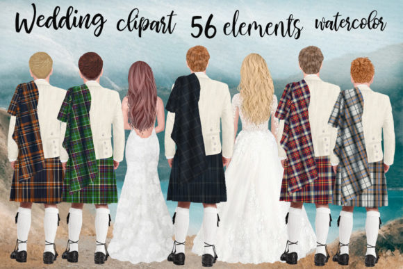 Authentic Wedding Clipart: Men in Kilts & Tartan Designs