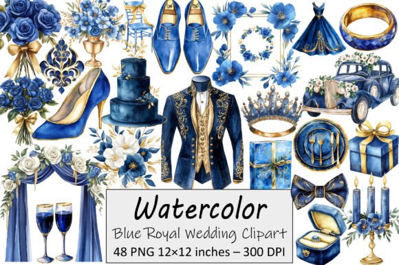 Blue Royal Wedding Clipart: 48 Premium PNGs for Crafting & Design