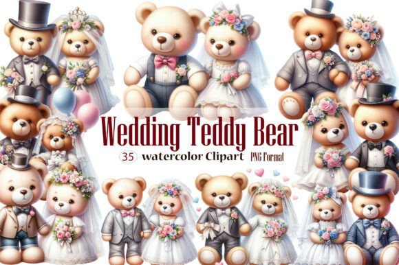 Charming Teddy Bear Watercolor Clipart for Wedding Crafts