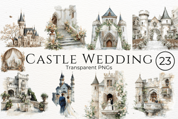 Enchanting Castle Wedding Watercolor Clipart for Dreamy Designs