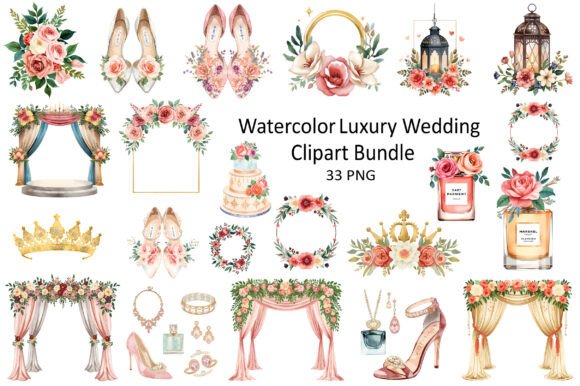 Watercolor Luxury Wedding Clipart Bundle: Elegant Design Elements